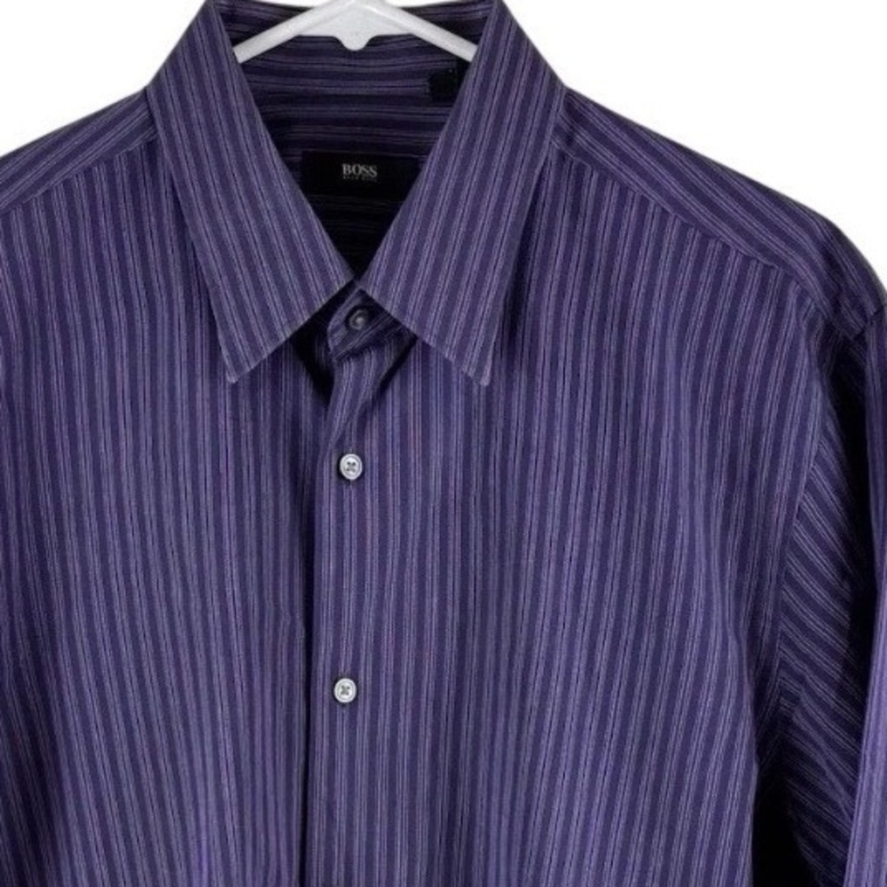 Hugo Boss Dress Shirt Mens 16.5 34/35 Purple Pinstripe Brady US Button Down